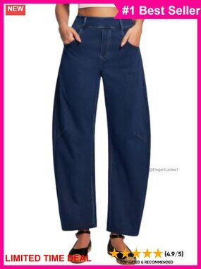 High Waisted Stretchy Barrel Jeans Pull On Wide Leg Denim Pants